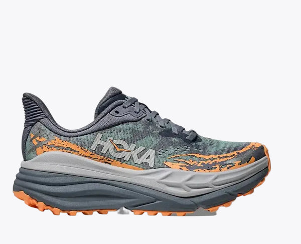 Hoka running shoe with gray and orange design on a white background