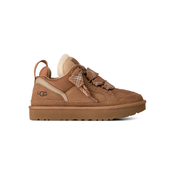 Tan sneaker with sherpa lining on a white background