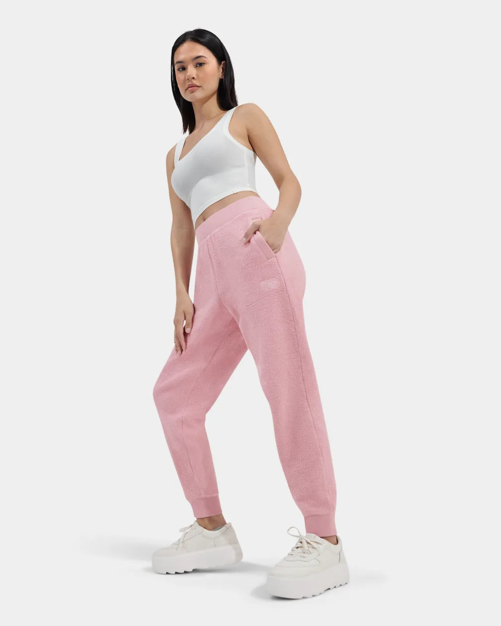 Front view of womens fleece joggers