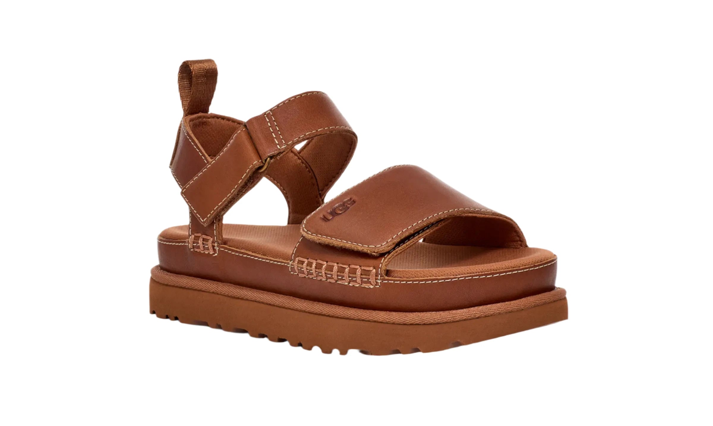 The Ugg name is emboseed into the lower strap on this sandal