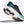 Black and blue running shoe with white sole on a light gray background