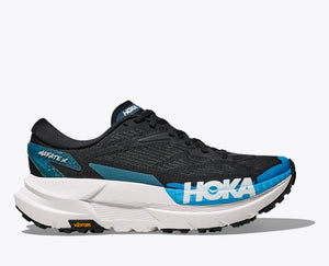 Black and blue running shoe with 'Hoka' branding on a white background