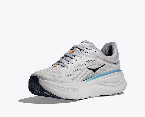White running shoe with blue accents on a white background