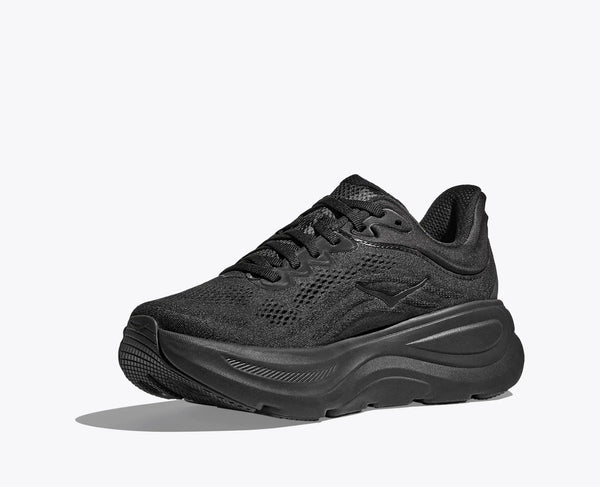 The medial side of this all black running shoe on a white background