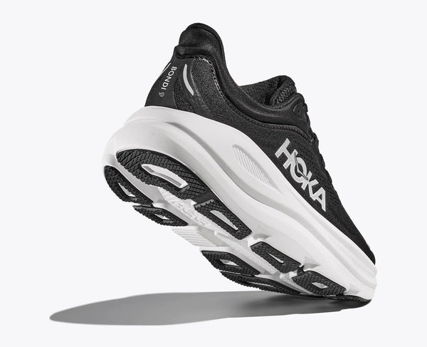Black and white Hoka bondi 9 running shoe on a white background