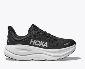 This women's hoka Bondi 9 shoe is in the very classic black and white colorway.