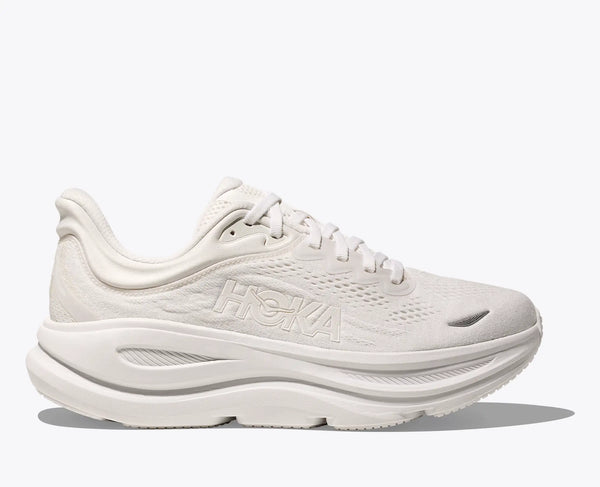 All white women's running shoe with 'Hoka' branding on a white background