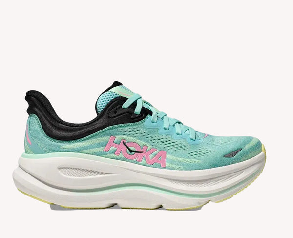 Turquoise running shoe with black and white sole on a white background