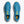 Blue running shoes with yellow accents on a white background