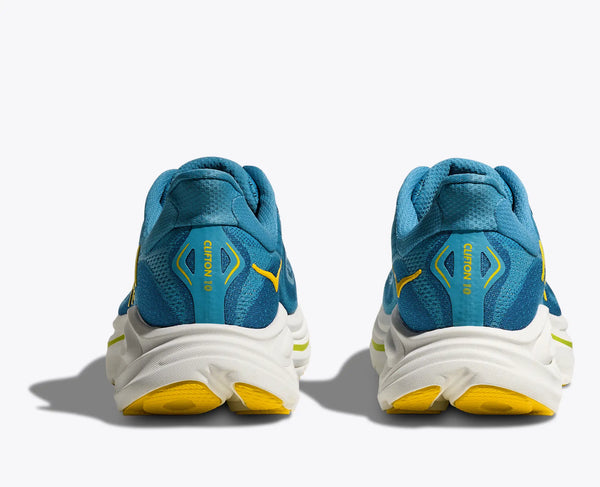 The heel area of this blue Clifton 10 has the style name written vertically near the heel.