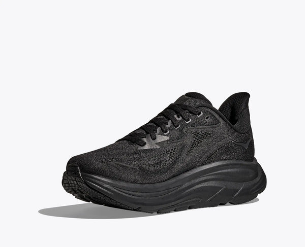 a diagaonl look at a Clifton 10 all black shoe that is great for walking and running
