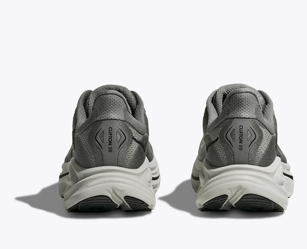 The heel area of this hoka running shoe has the model name written vertically on the shoe.
