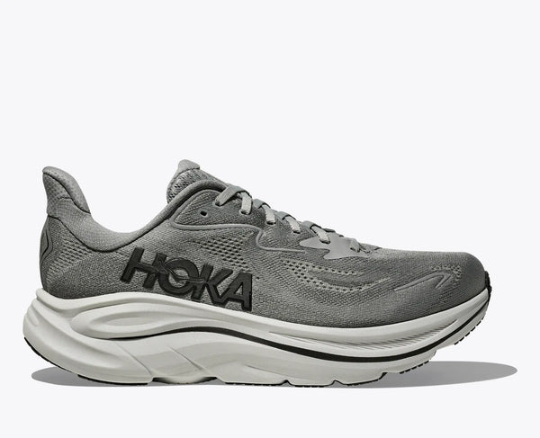 Gray Clifton 10 mens running shoe with white sole on a white background