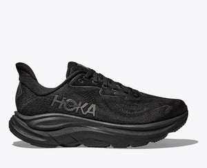 Black Hoka running shoe on a white background