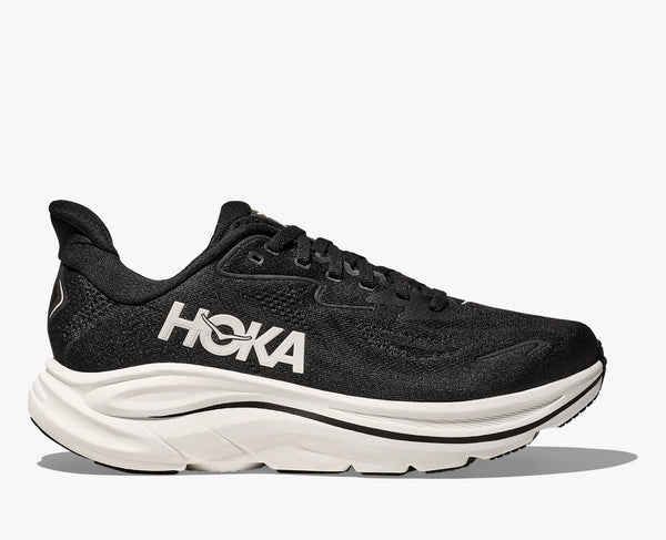 Black Hoka running shoe on a white background
