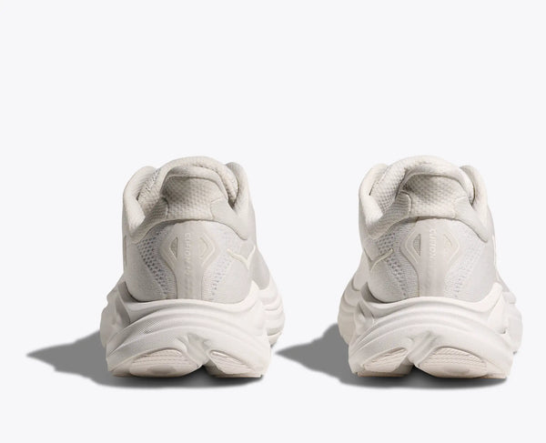 The heel of this Women's hoka shoe have the name Clifton 10 written vertically.