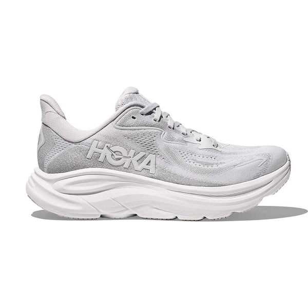 Grey and white running shoe on a white background