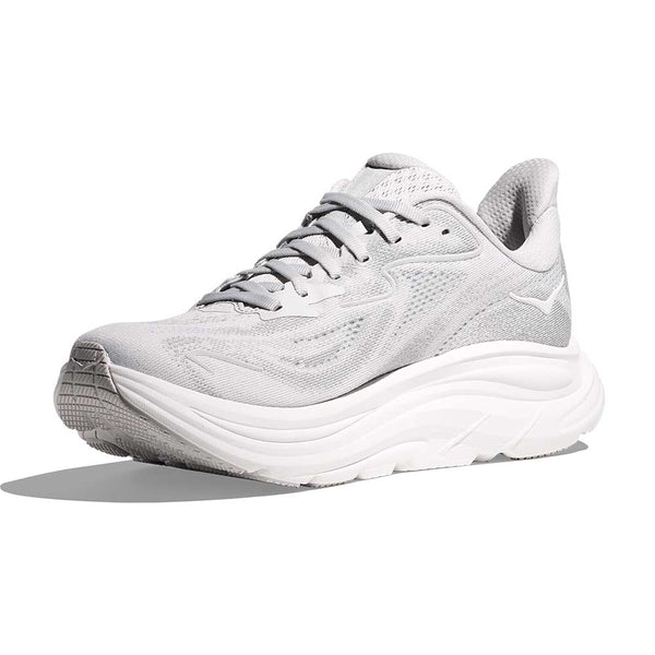 Grey and white running shoe on a white background