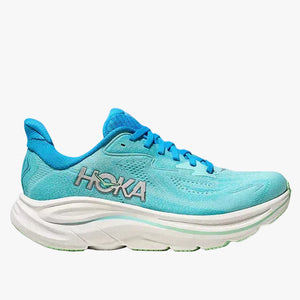 2 tone blue Clifton 10 running shoe with white sole on a white background