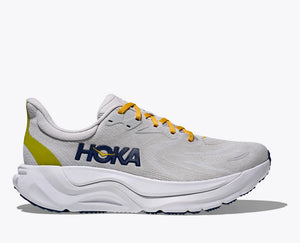 Gray Arahi 8 running shoe with yellow accents and 'Hoka' branding on a white background.