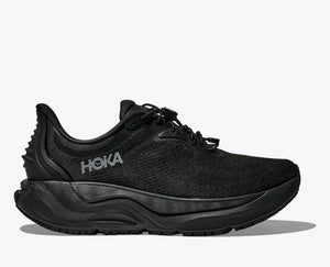 Black Hoka running shoe on a white background