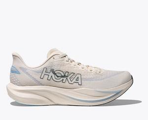 White running shoe with blue accents on a white background