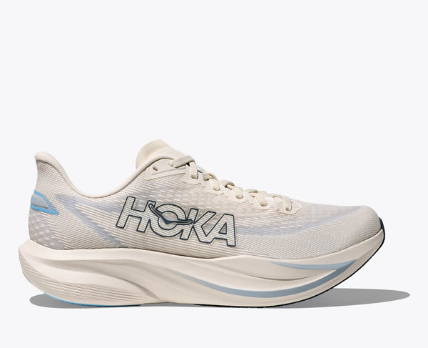White running shoe with blue accents on a white background