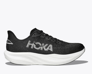 Black running shoe with white sole on a white background