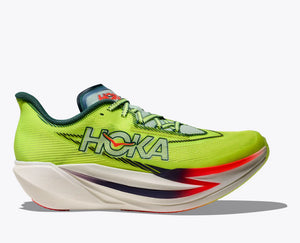Green running shoe with Hoka branding on a white background