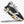 Black and white running shoe with brand logo on a white background