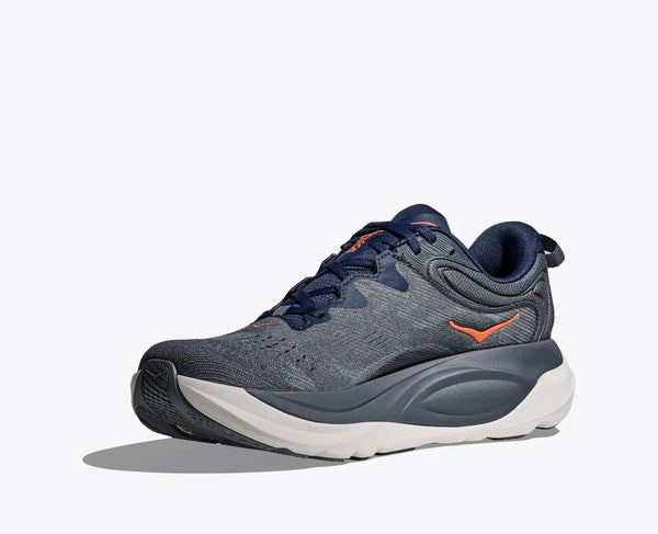 Gray running shoe with orange accents on a white background