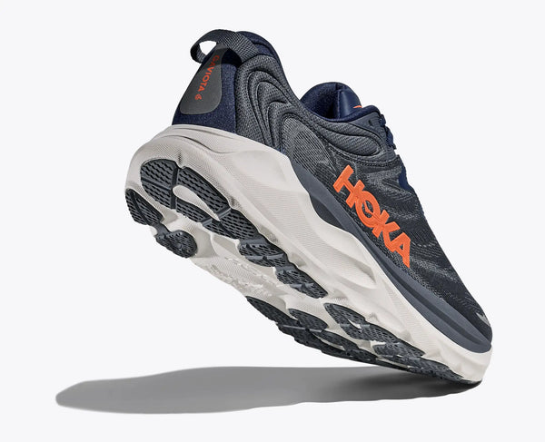 Gray Hoka running shoe on a white background