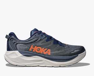 Gray running shoe with orange 'Hoka' logo on a white background