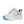 Gray athletic shoe with blue sole on a white background