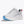 Gray athletic shoe with blue sole on a white background