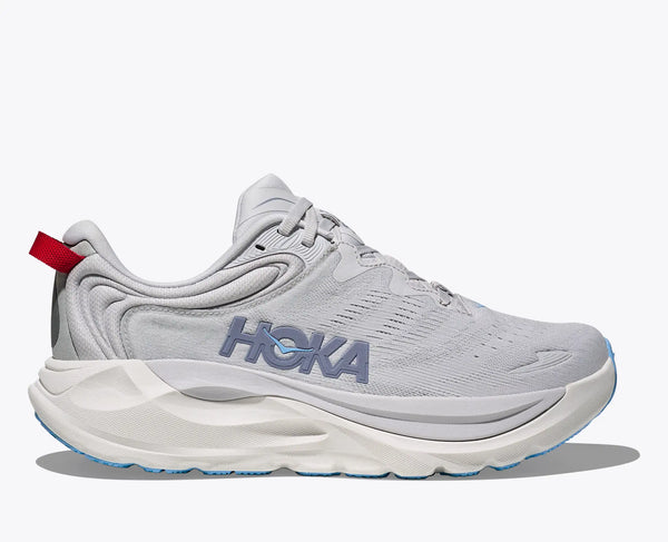 Gray Hoka women's running shoe with 'Hoka' branding on a white background