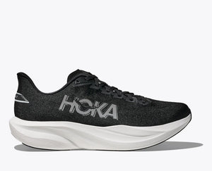 Black running shoe with white sole on a white background