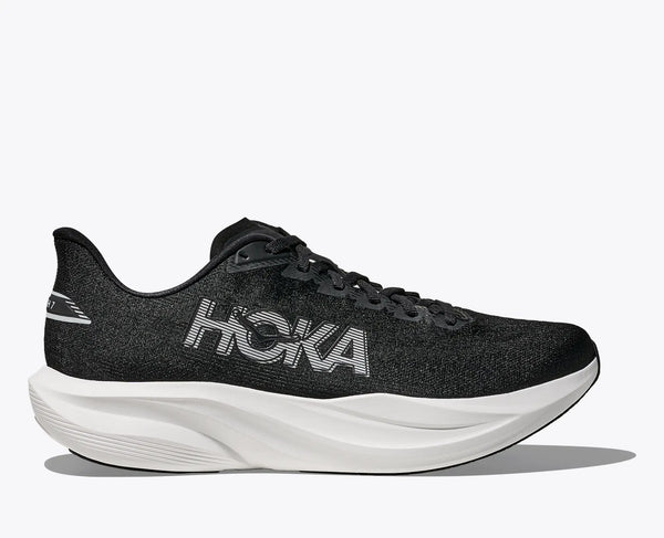 Black running shoe with white sole on a white background