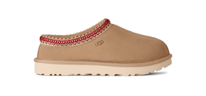Tan slipper with red trim on a green background