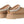 Pair of tan slippers with white fur lining on a light gray background
