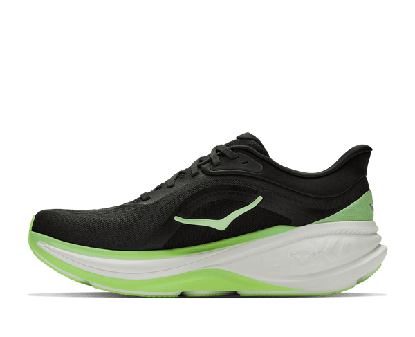 Running shoe with white and green midsole and black upper