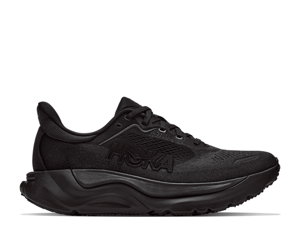 All black running shoe on a white background