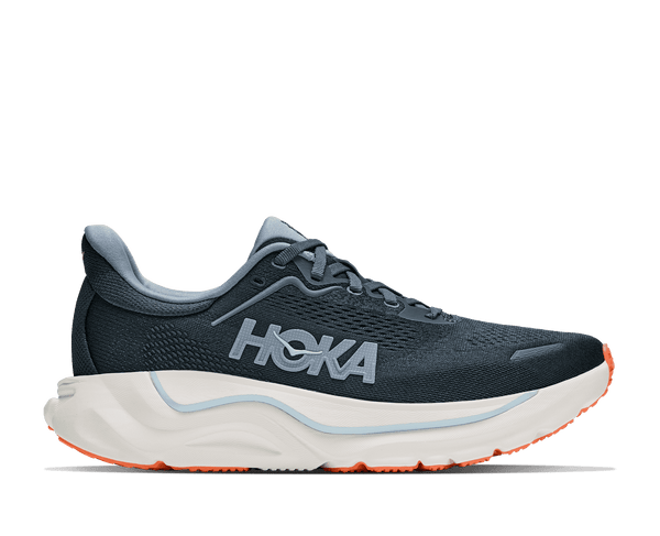 Navy blue running shoe with a white midsole on a white background
