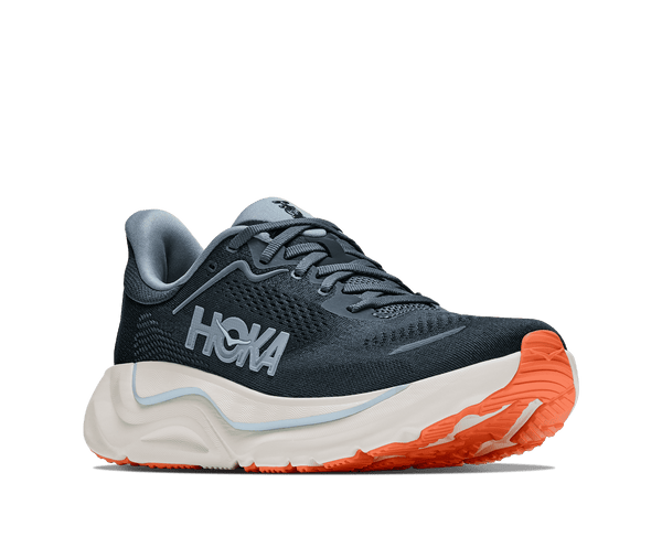 Navy blue running shoe with a white midsole on a white background