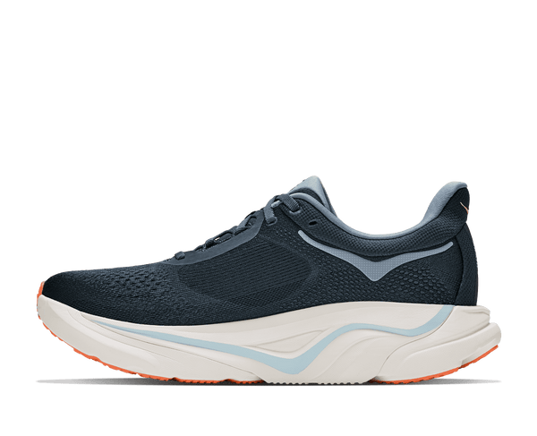 Navy blue running shoe with a white midsole on a white background