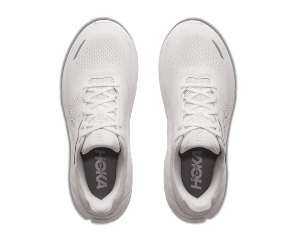All white running shoe on a white background