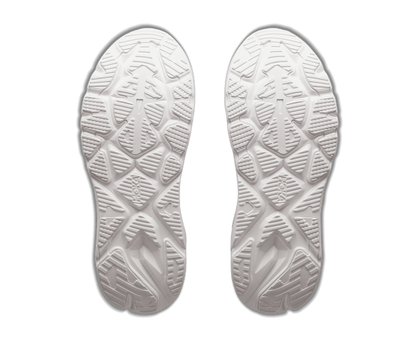 All white running shoe on a white background