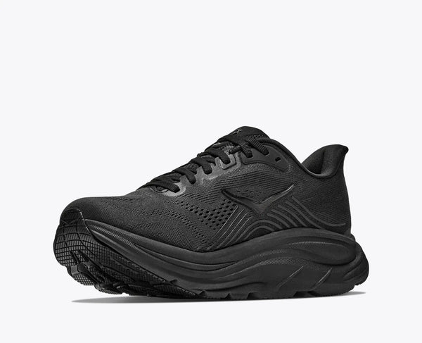 Black running shoe on a white background
