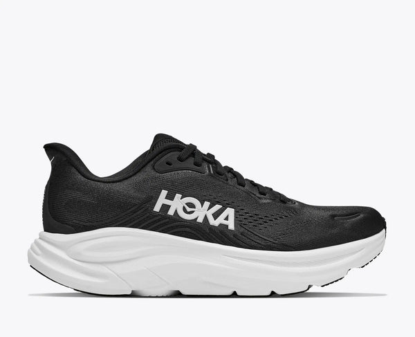 Black running shoe with black accents on a white background