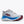 White running shoe with blue sole and red accents on a white background